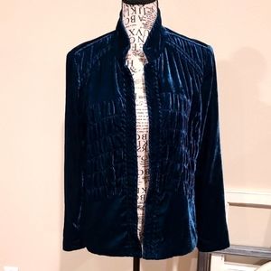 CHICO'S size 0 US Sm.‎ Teal Velour Mandarin Collar Ruched open front Jacket
